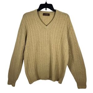 Vintage Thane Mens Tan 100% Lambswool Cable Knit Sweater Large 80's Preppy Warm